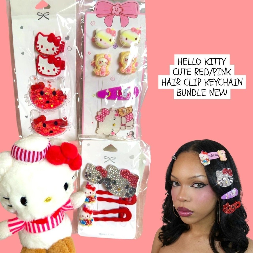 Y2K RED/PINK HELLO KITTY HAIR BUNDLE + PLUSH KEYCHAIN NEW